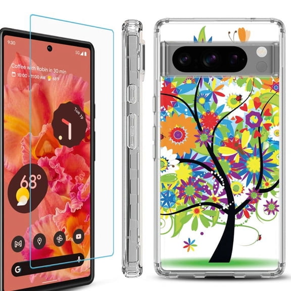 OneToughShield ® Compatible with Google Pixel 8 Pro, Shockproof Phone Case, with Tempered Glass Screen Protector - Colorful Tree
