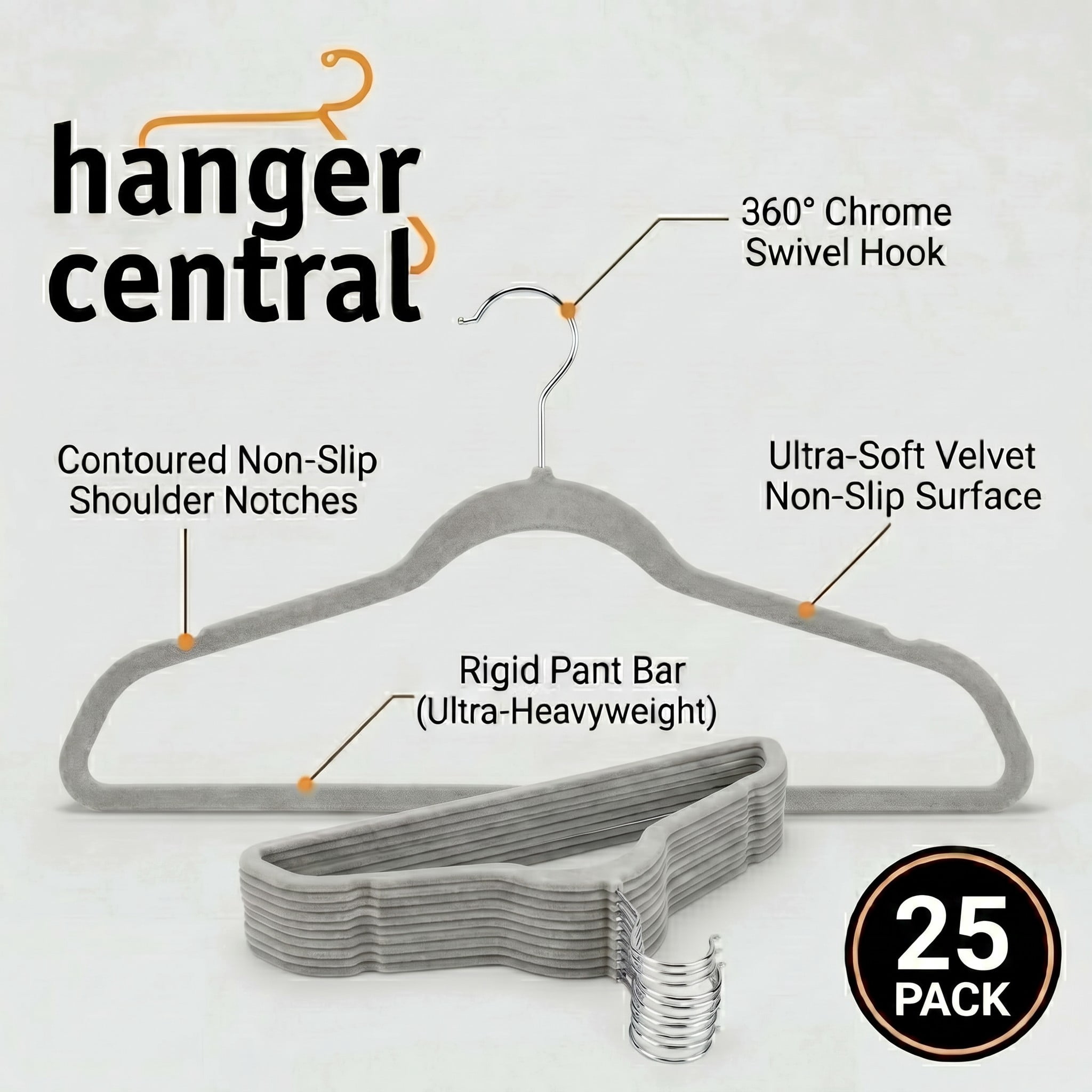 Hanger Central 25 Pack Space Saving Gray Velvet Non-Slip Hangers with Swivel Hook