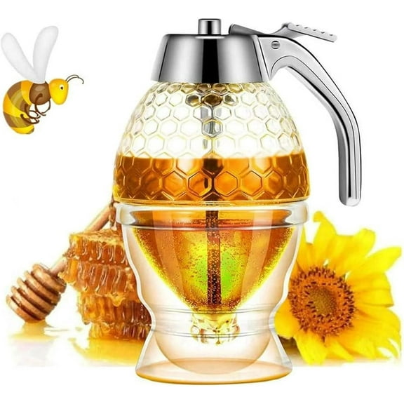 ABPETE No Drip Honey Dispenser Glass with Stand, 8 oz Maple Syrup Dispenser, Honey Jar with Beautiful Honeycomb Design, Perfect Bee Decoration for Home Kitchen
