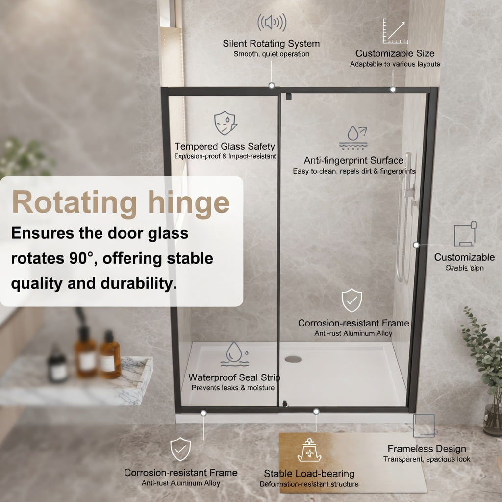 Hommoo 44-48" W x 72" H Pivot Shower Door, 1/4" Thick SGCC-Certified Tempered Glass, Stainless Steel Handle & Aluminum Frame, Reversible Left/Right Installation, Black & Transparent