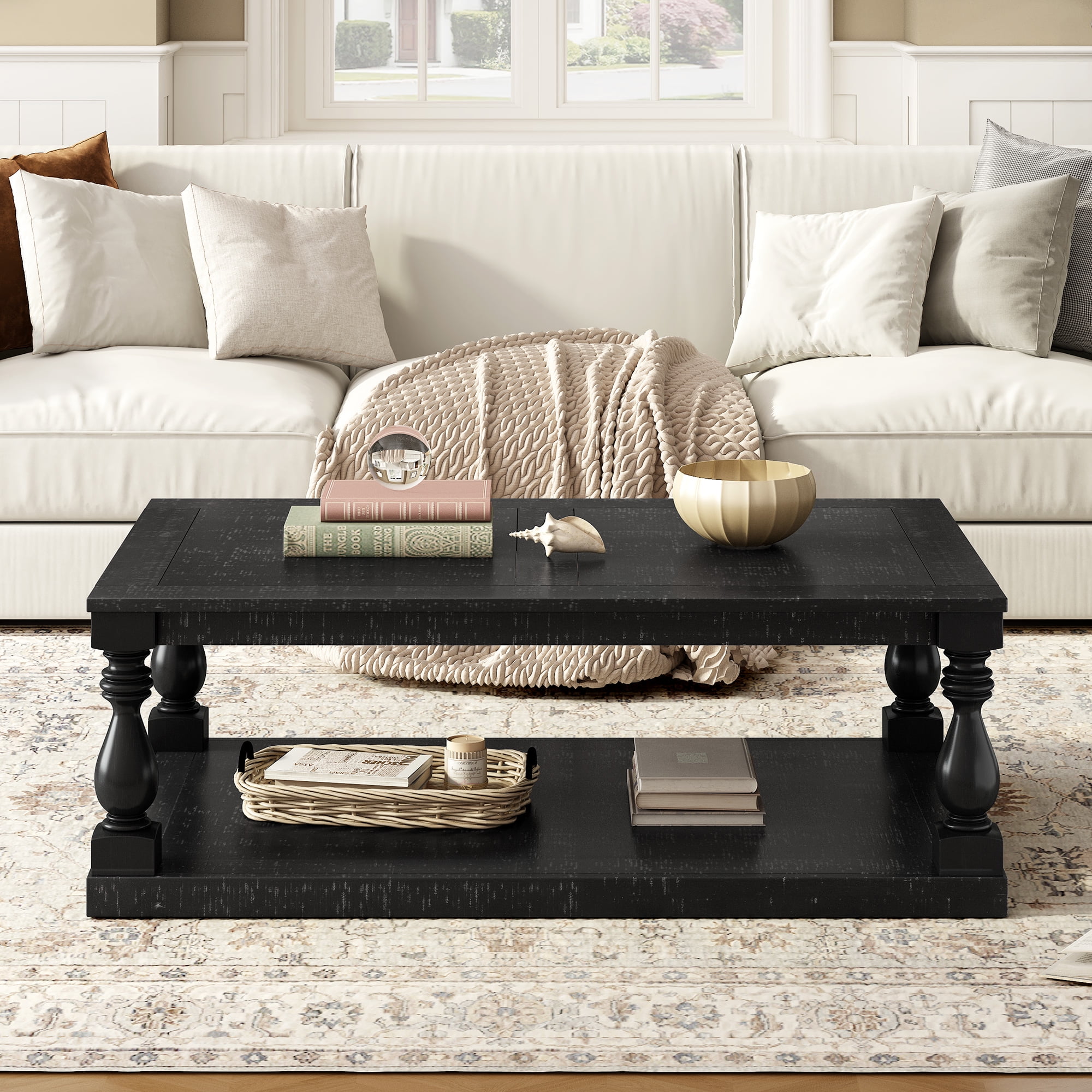 Euroco Vintage Coffee Table with Vase Column Legs, Pine Veneer Top and Solid Rubberwood Frame – Retro Living Room Center Table, Easy Assembly