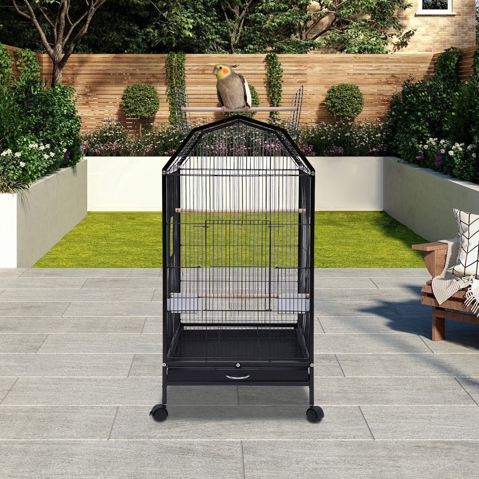 Peakora Parakeet Bird Cage with Stand Metal Pet Bird Flight Cages Large Finch Bird Cage for Conure Canary Parekette Parrot Pet House, Black