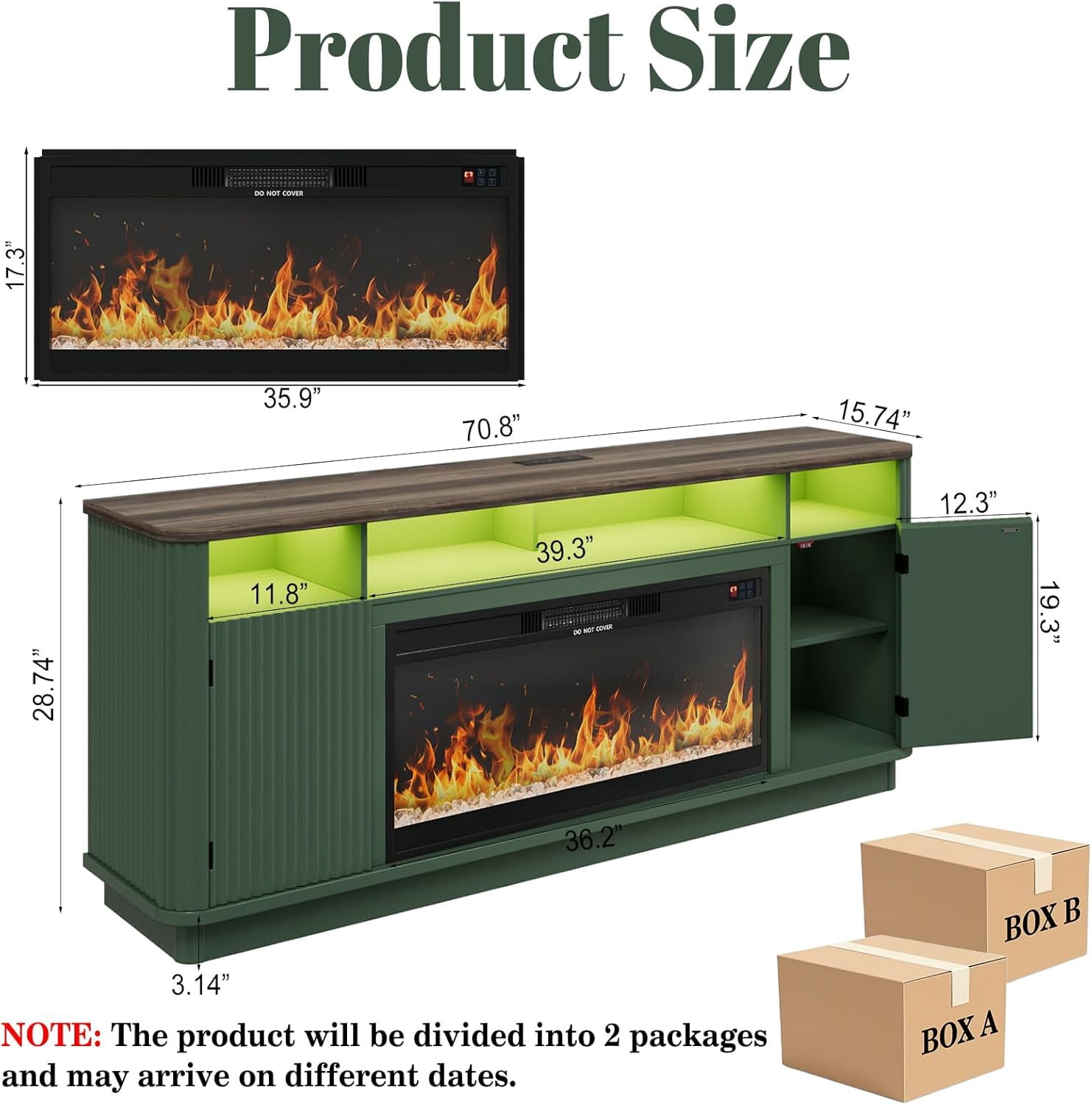 ANPOO 71" Fluted Fireplace TV Stand for 75/85" TVs with 36" Electric Fireplace, Modern Entertainment Center with LED Light & Power Outlet, Wooden Media Console TV Stand for Living Room, Green