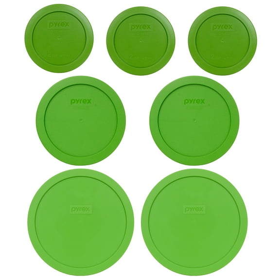 Pyrex (3) 7200-PC 2-Cup, (2) 7201-PC 4-Cup, and (2) 7402-PC 6/7-Cup Lawn Green Lids
