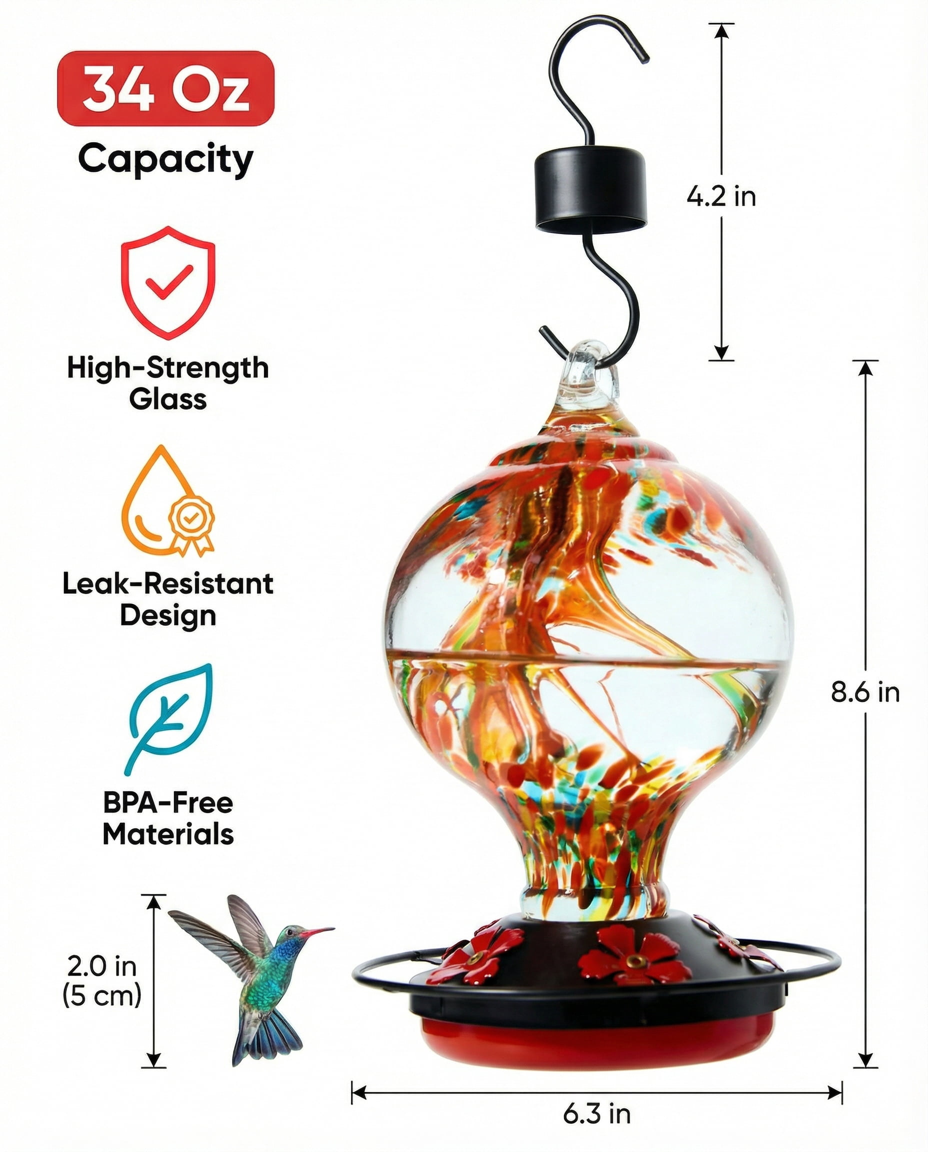 Novoto Hummingbird Feeder for Outdoors Hanging, 34 Oz, Hand Blown Gift Inner Glass Décor for Garden, Ant Moat & Bee-Resistant Ports, Decoration Stained Humming Bird Feeders, Sunset Red