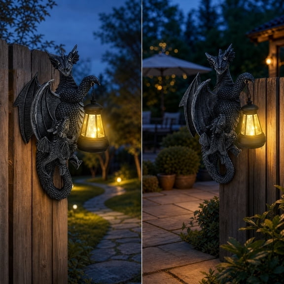 Solar Dragon Statue With LED Light Gothic Fantasy Resin Garden Sculpture Waterproof Outdoor Decorative Ornament, for Patio Lawn Yard Garden Pathway Halloween Decoration Fantasy Collection Outdoor