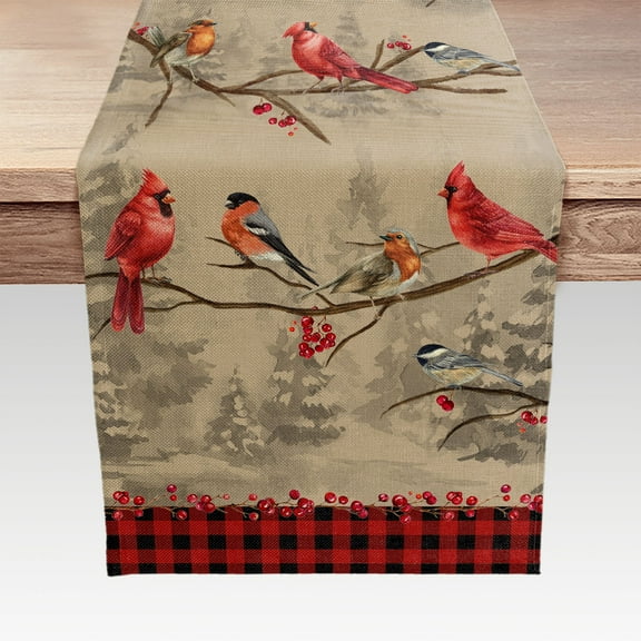 Vintage Bird Table Runner, Winter Cardinal Chickadee Berry Scarf Home Kitchen Red Black Buffalo Plaid Check Decor, Christmas Farmhouse Burlap Dining Decoration Holiday Party Supply 13X72in