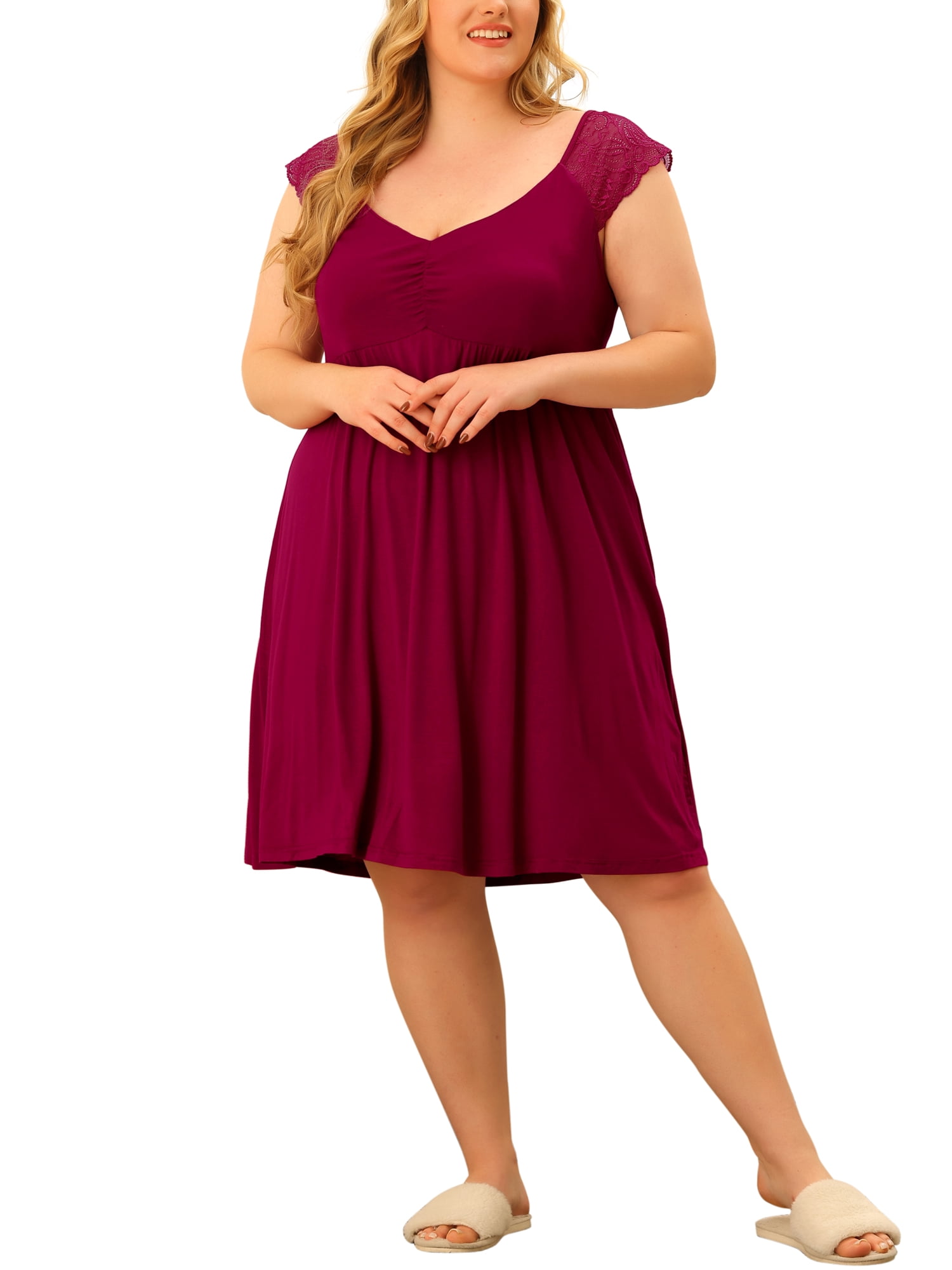 Unique Bargains Women's Plus Size Nightgown Sleepwear Lace Cap Sleeve Loungewear