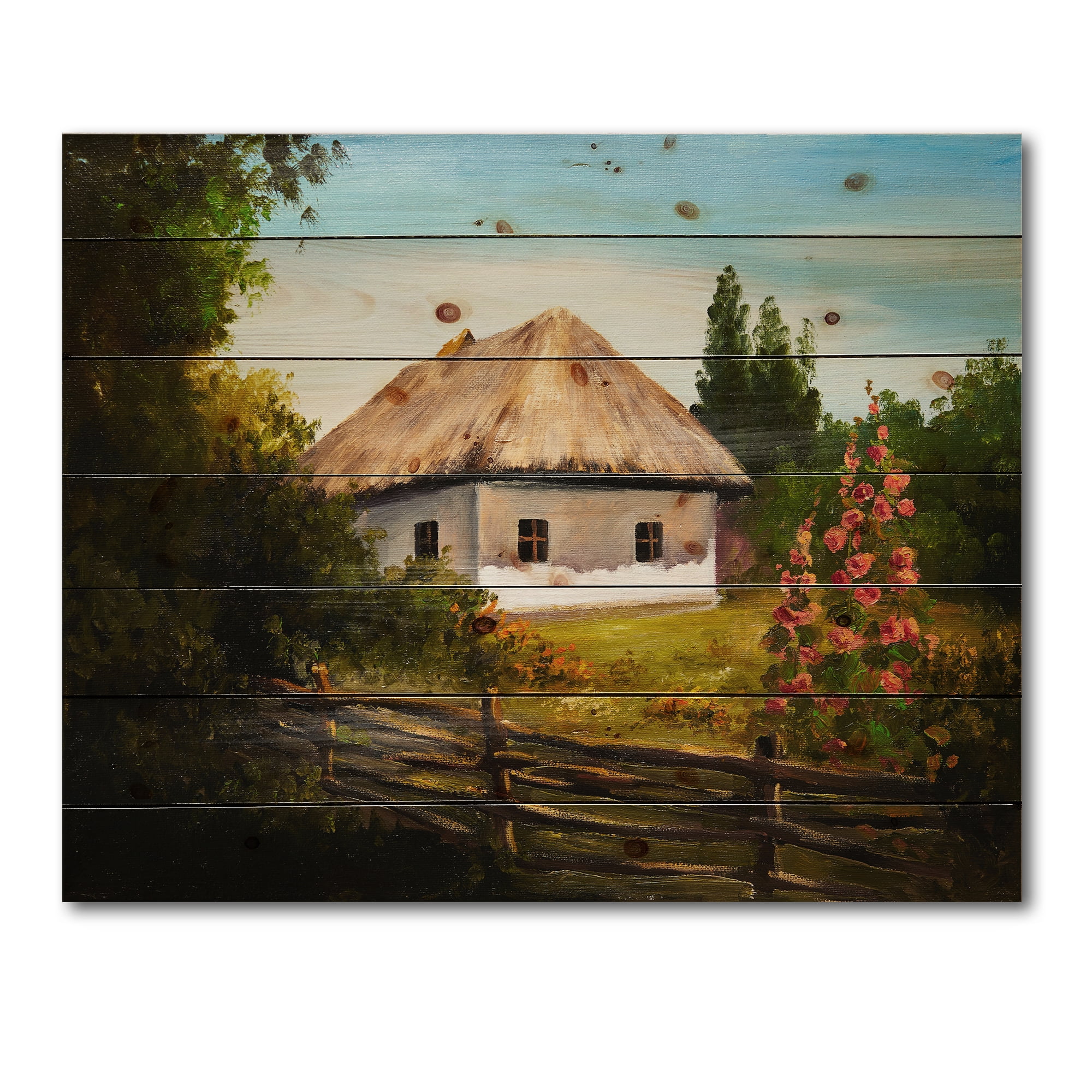 Designart 'House With Blossoming Flowers On The Mountain II' Traditional Print on Natural Pine Wood