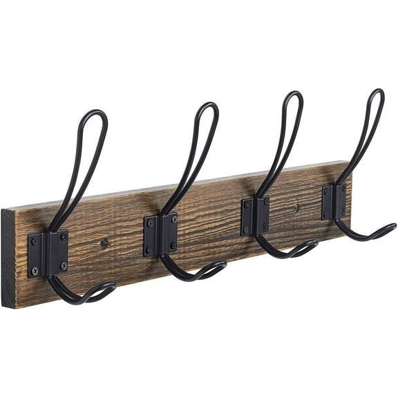 Rustic Wall Mounted Coat Hook with 4 Farmhouse Hooks - Solid Pine Wood Towel and Coat Rack for Bathroom, Entryway, Kitchen - Brown