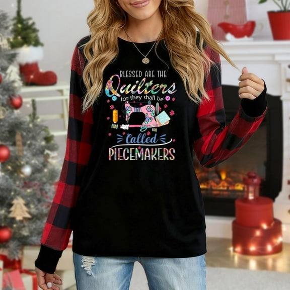 Women's Christmas Plaid Long Sleeve Top, "Blessed Are The Quilters Piecemakers Sewing Machine Festive Graphic" Casual Shirt