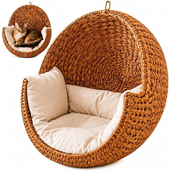 Handwoven Hanging Cat Bed with Cushion, Indoor Hanging Cat Bed, Brown Space-Saving Cozy Resting Lounger, Stylish Boho Cat Furniture for Bedroom, Living Room and Window