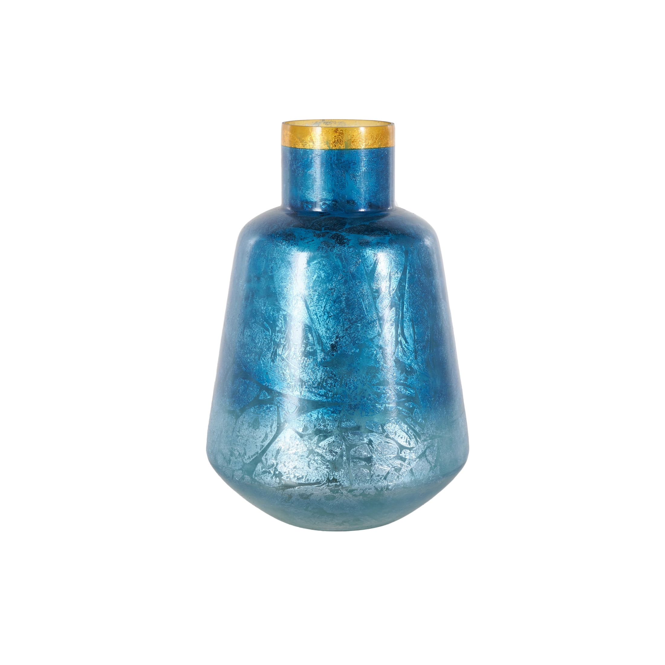 DecMode 14" Handmade Blue Glass Vase with Gold Rim