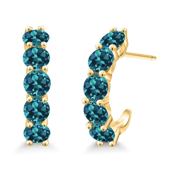 Gem Stone King 3.30 Ct Round London Blue Topaz 18K Yellow Gold Plated Silver Open Earrings for Women