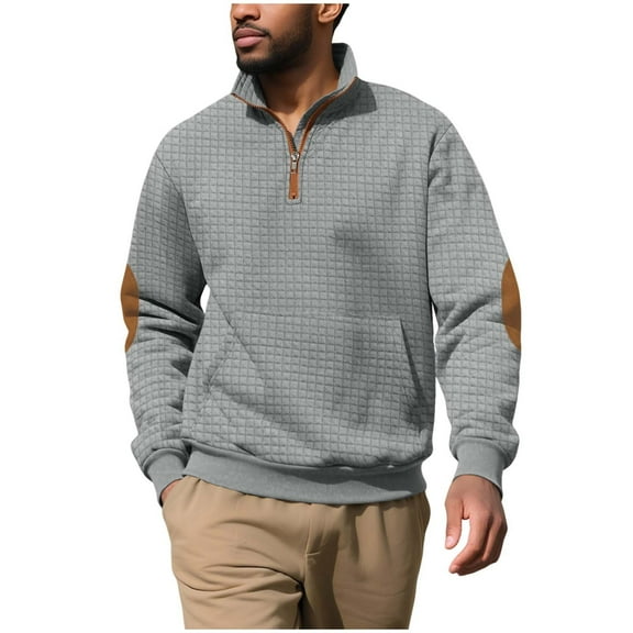 GuangCheng Mens Quilted Sweatshirts,Half Zip,Pullover,Elbow Patch Detail,Warm,Comfortable,Casual Fall Winter Tops,Gray,Size XL