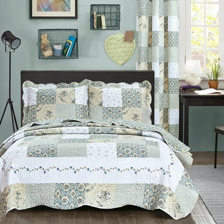 All American Collection New Reversible 3pc Floral Printed Patchwork Blue/Green Bedspread/Quilt