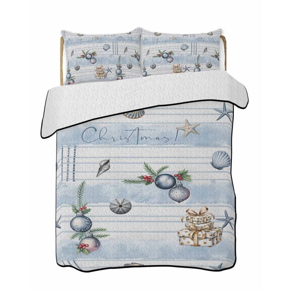 Twin Quilt Bedding Set, Christmas Reversible Summer Quilt 3 Pieces, Sliver Xmas Ball Gifts Ocean Conch Starfish Coastal Lightweight Bedspreads Coverlets with 2 Pillow Shams for All Seasons