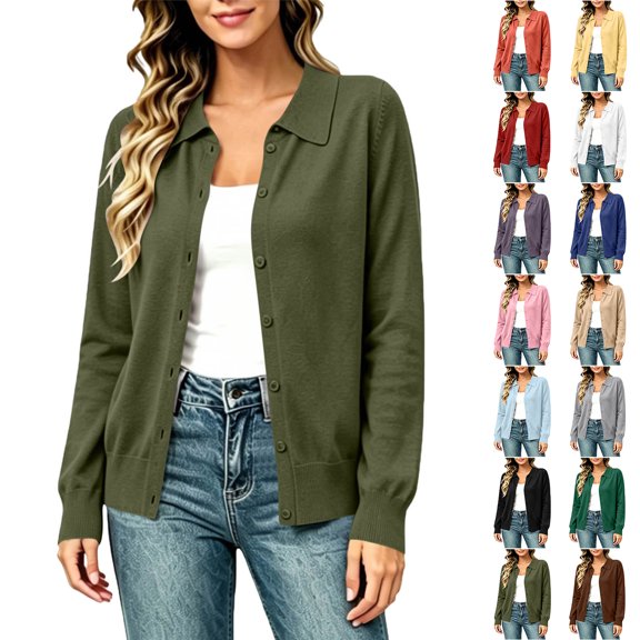 Vivianyo HD Women's Collared Button Down Cardigan Sweater, Long Sleeve Knit Top for Women Fall Outwear, Women's Army Green, Sizes S-2XL
