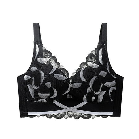 Gnurob Women Wireless Bralettes Thin Padded Underwear Embroidered Lace Brassiere Full Coverage Bra Breathable Bralette Beauty Back Smoothing Bras Clearance Saving Black Medium