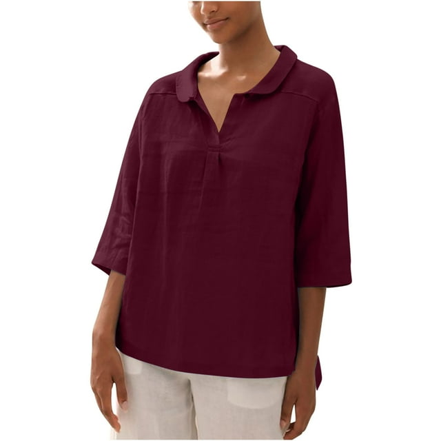 Penkiiy Blouse Décontractée à Manches 3/4 Henley Col en V Boutonnée Plissée Unie 2TG Vin