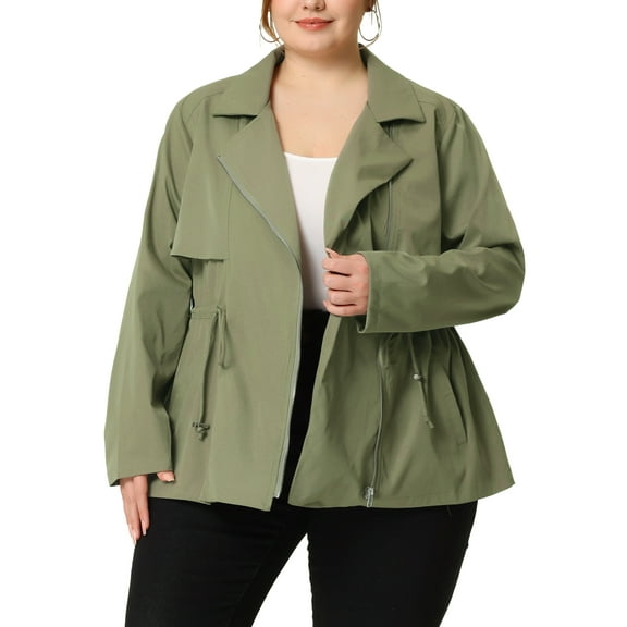 Agnes Orinda Women's Plus Size Lapel  Zipper Drawstring Waist Moto Jacket 1X Green
