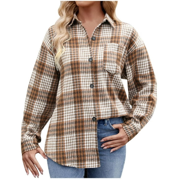 Ayolanni Plaid Women Blouses Plus Long Sleeve Cotton Brown Button-up Shirts Shirts for Girls L
