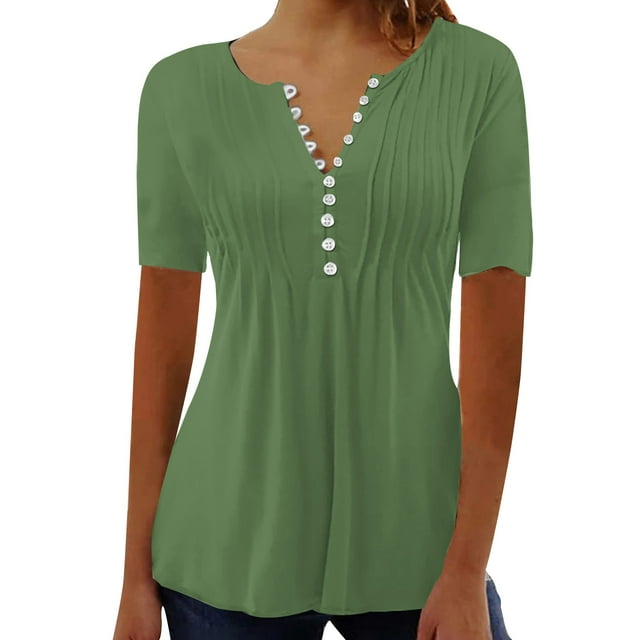 DPTALR Women's Casual Round Neck Pleated Solid Color Button Top Blouse