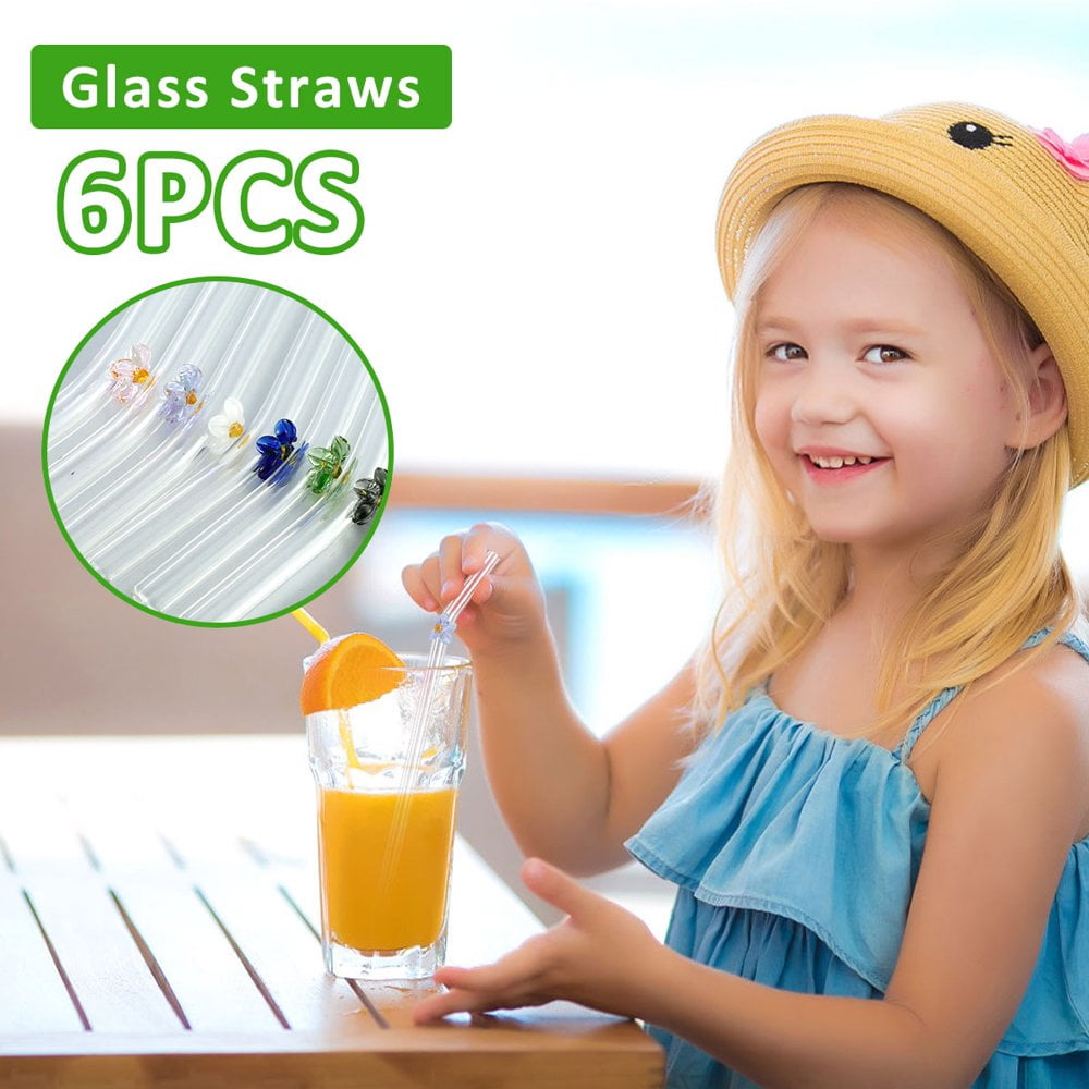 6 Pailles à Fleurs Réutilisables En Verre Transparent Avec Brosse De Nettoyage Résistantes à La Chaleur Pour Smoothies Thé Jus Milkshake