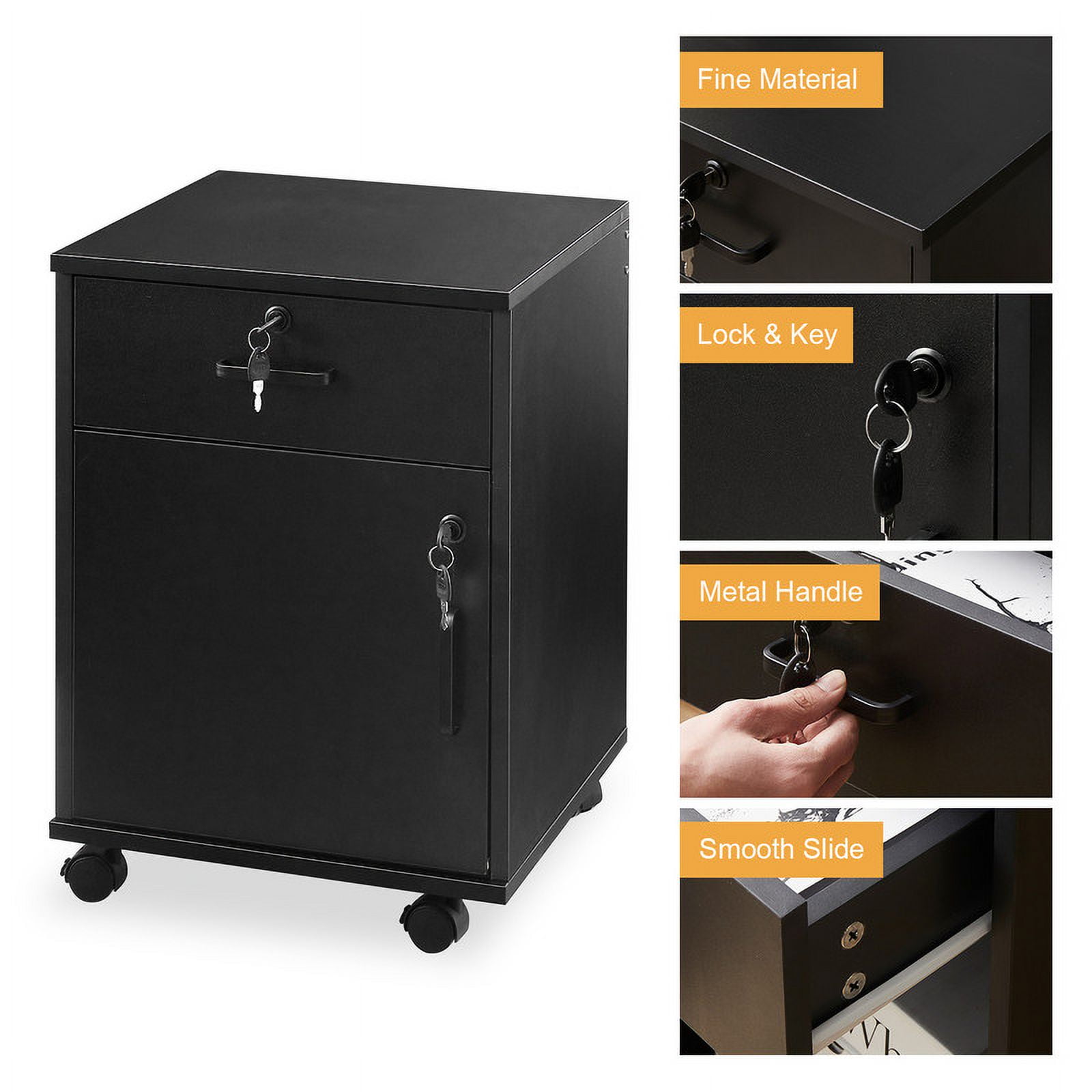 Clipop Mobile Office Cabinet with 1 Lockable Drawer,Storage Cabinet Box,for  A4 Size Documents, Black