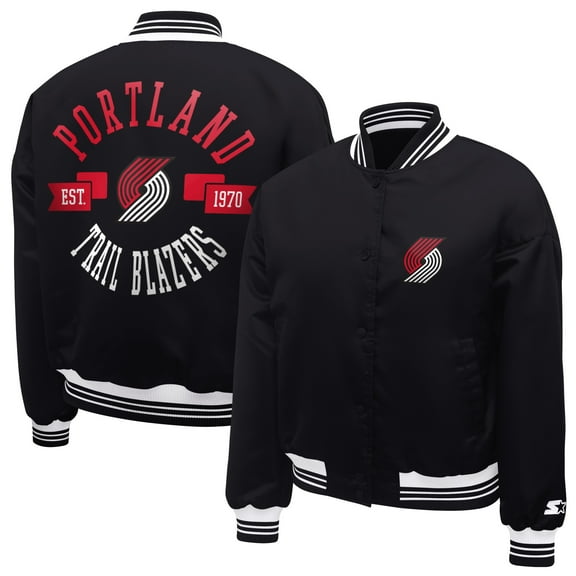 Women's Starter  Black Portland Trail Blazers Printed Logo Cropped Satin Varsity Full-Snap Jacket
