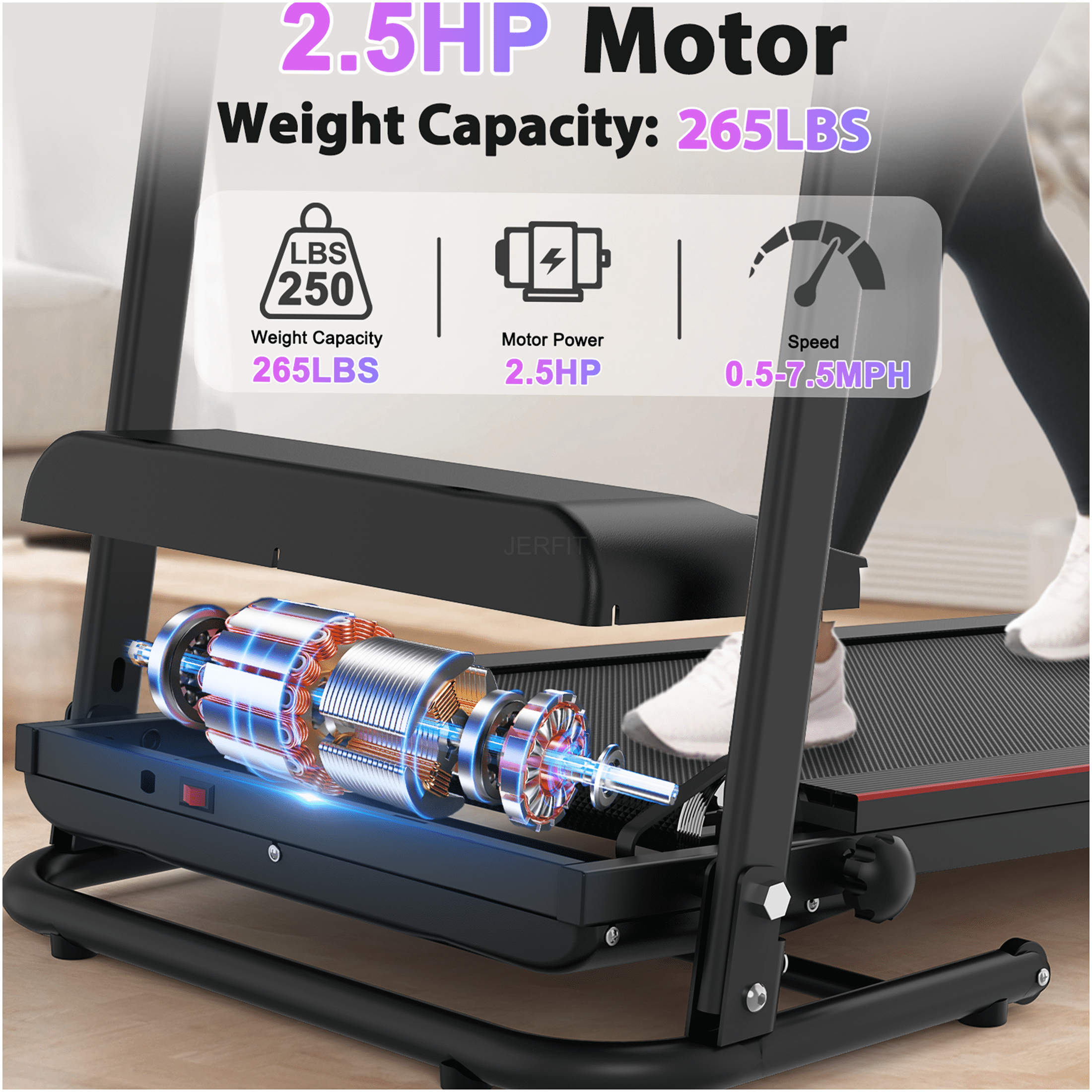 JERFIT Electric Folding Treadmill for Home, 2.5HP Motor 12KM/H Speed, 3-Level Incline, Bluetooth Speaker, Compact Running Machine for Cardio Workout