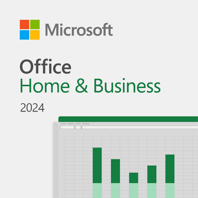 Microsoft Office Home & Business 2024 digital download showing the Microsoft logo and a partial spreadsheet with green bar charts on a light gray background, designed for individual or small business use on one PC or Mac.