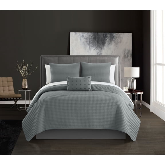 Chic Home Rylan 4 Piece Striped Box-stitched With Dotted Pillow Quilt Set, King, Gray