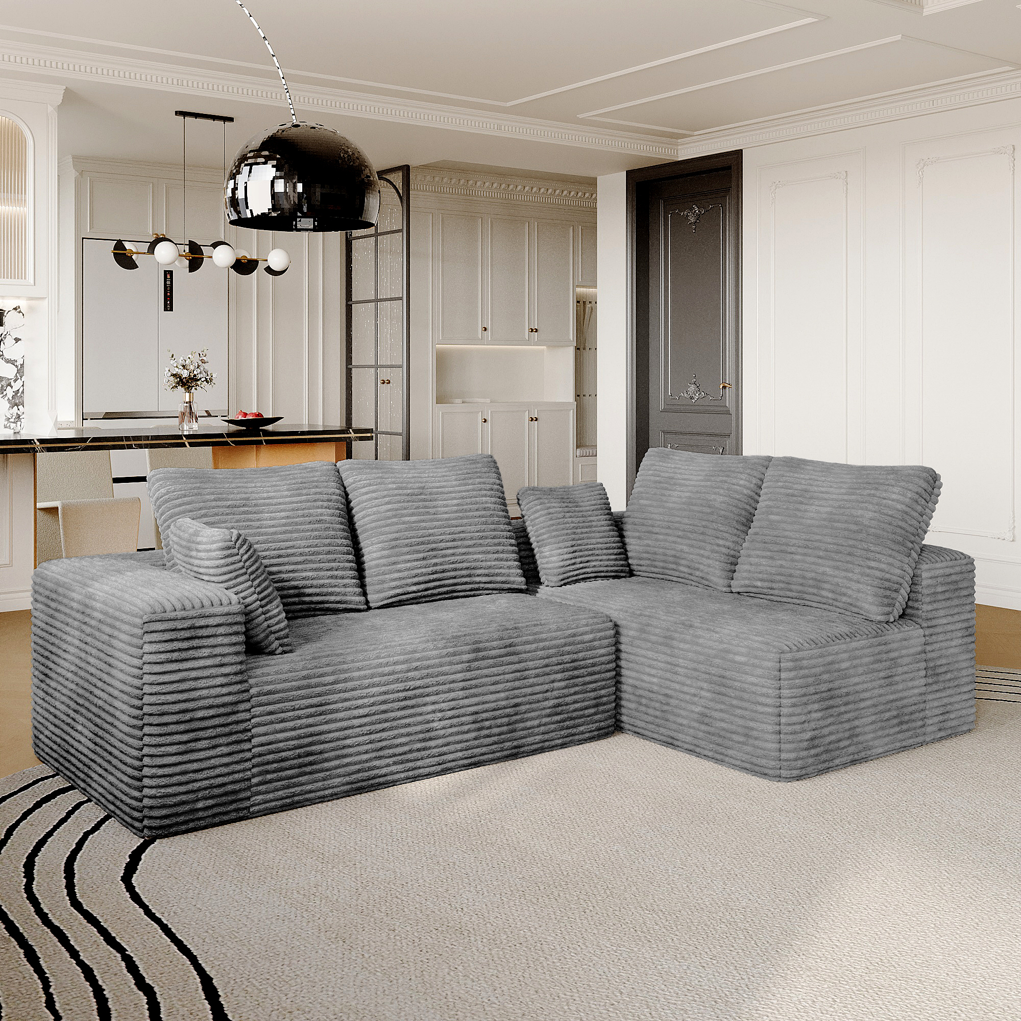 104.4" Modern L-Shaped Sectional Sofa for Living Room Bedroom, Modular Cloud Sectional Couch with Deep Seating Upholstered Sofa, Free Combination Sofa, Corduroy Upholstery, No Assembly, Gray Couch