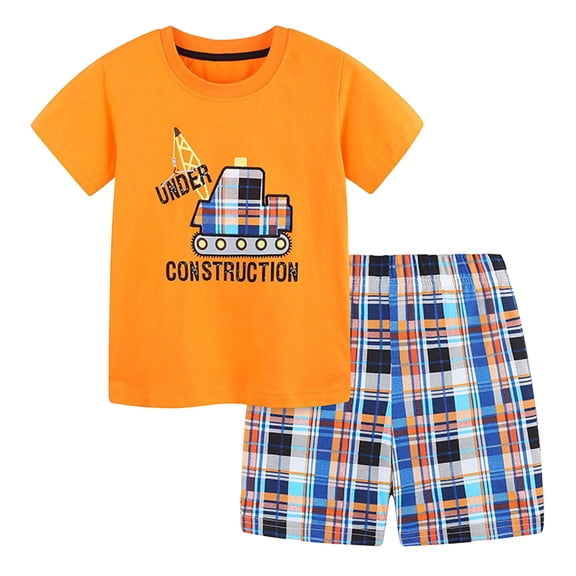 Ulanda Toddler Boys Little Monster Embroidered Truck 2-Pieces Cotton T-Shirt and Shorts Summer Outfit Set (Orange, 6-7 Years)
