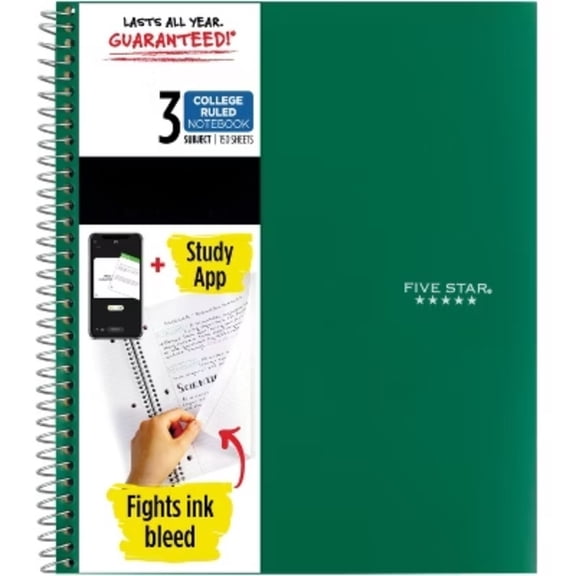 3 Subjects 150pg College Ruled Spiral Notebook (Colors May Vary): Perforated, Acid-Free, 3 Hole Punched, Flexible Cover