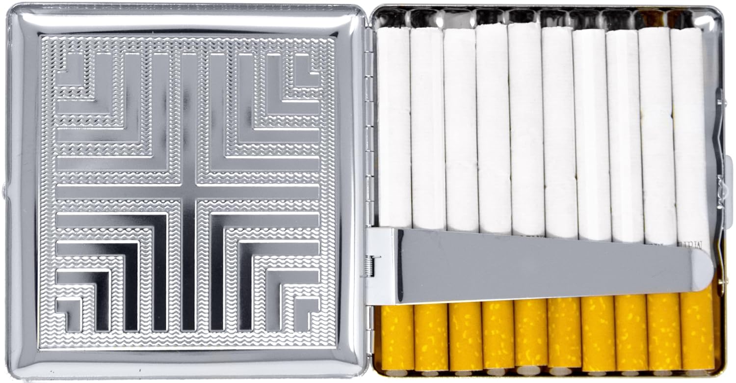 Set of 2 Compact Metal-Plated King Size Cigarette Case & Stash Box (Silver Cross Pattern)