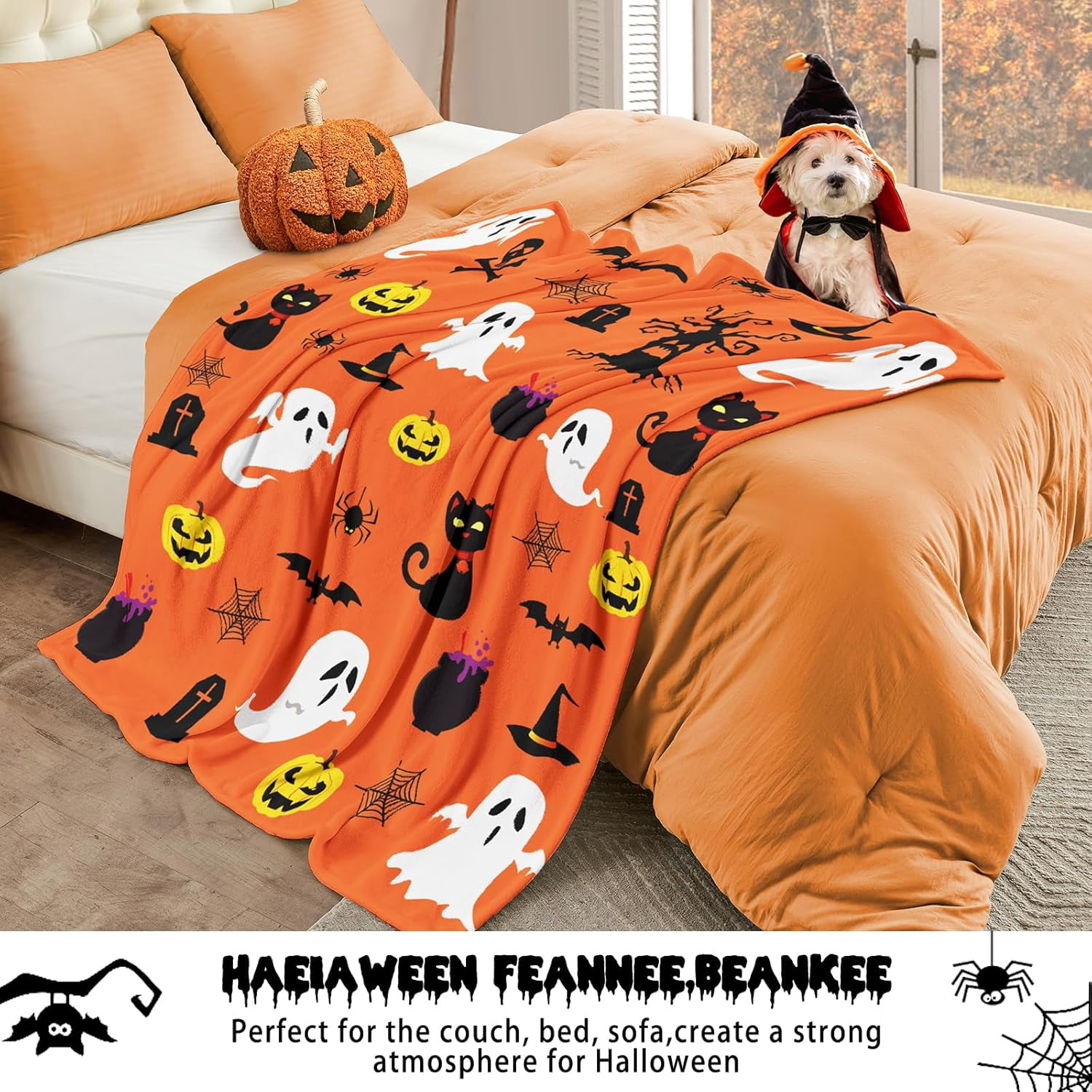 Fall Halloween Throw Blanket, Halloween Black Kitty Pumpkin Ghost Spooky Velvet Fleece for Sofa Bed Couch Chair Dorm 50" x 60"