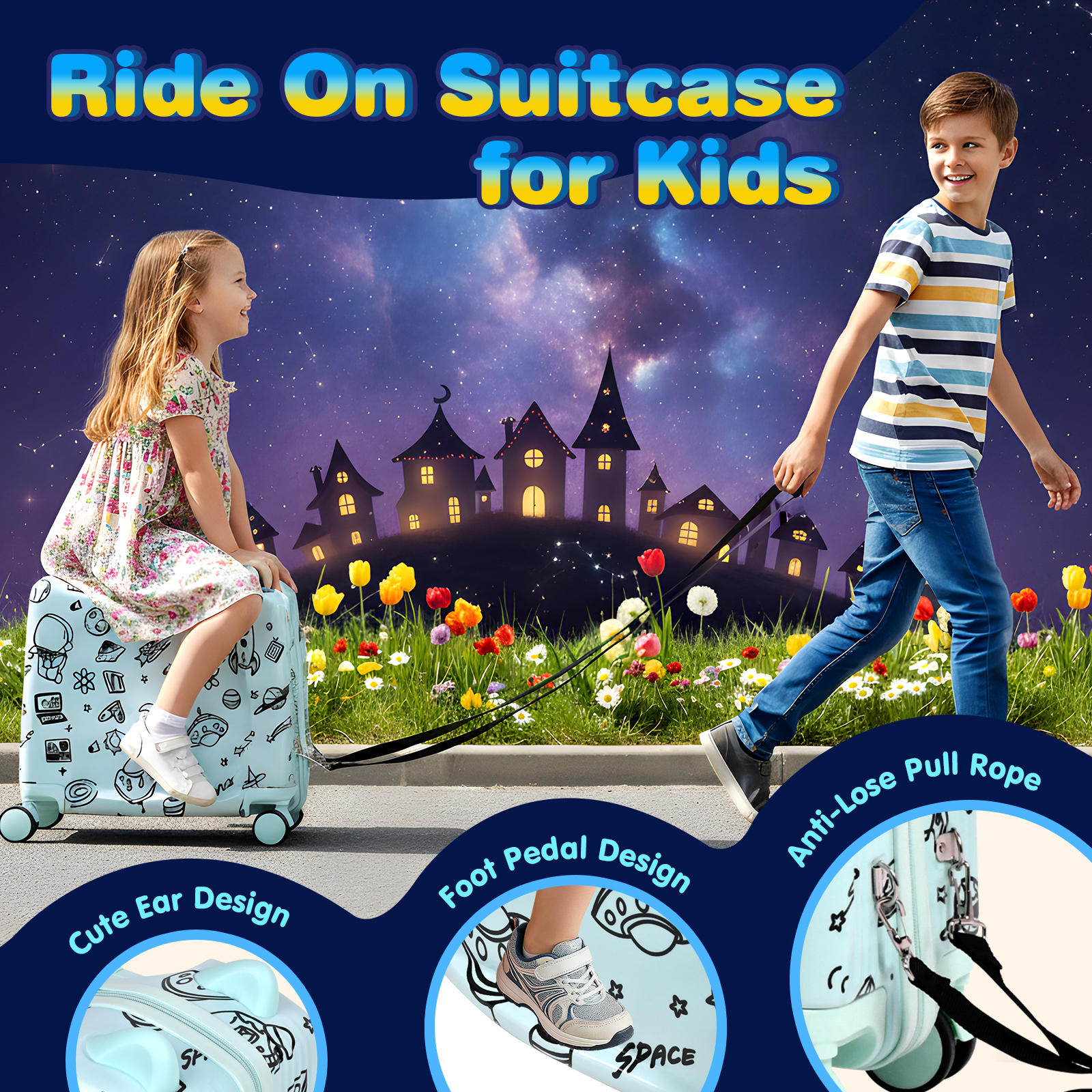 Advwin 20" Ride On Suitcase for Kids, Fun DIY Coloring Carry-On Luggage with 24 Waterproof Markers, Pull Strap & Spinner Wheels, Hardshell Rideable Travel Luggage for Children, Mint Green