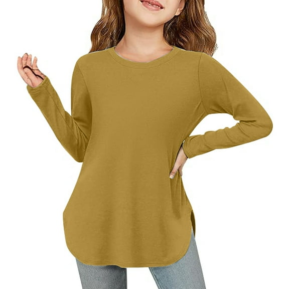 Xiaowennn Girls Long Sleeve Shirts Kids Arc Hem Side Slit Soft Tunic Tops T Shirts Tops for Toddler Girls