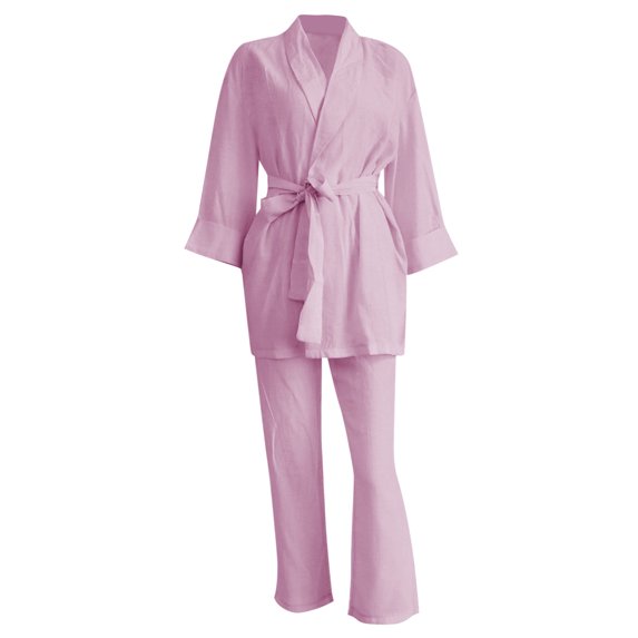 Arvbitana Women Solid Color Pajamas Set Long Sleeve Lapel Cardigans + Drawstring Pants Spring Autumn Sleepwear Outfit Casual Simple Homewear for Ladies 2Pcs