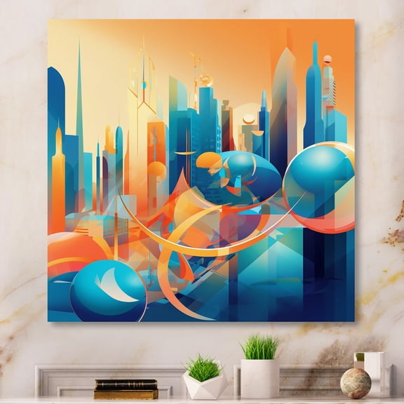 Designart "Retro Radiance Blue And Orange I" City Art Deco Metal Wall Art