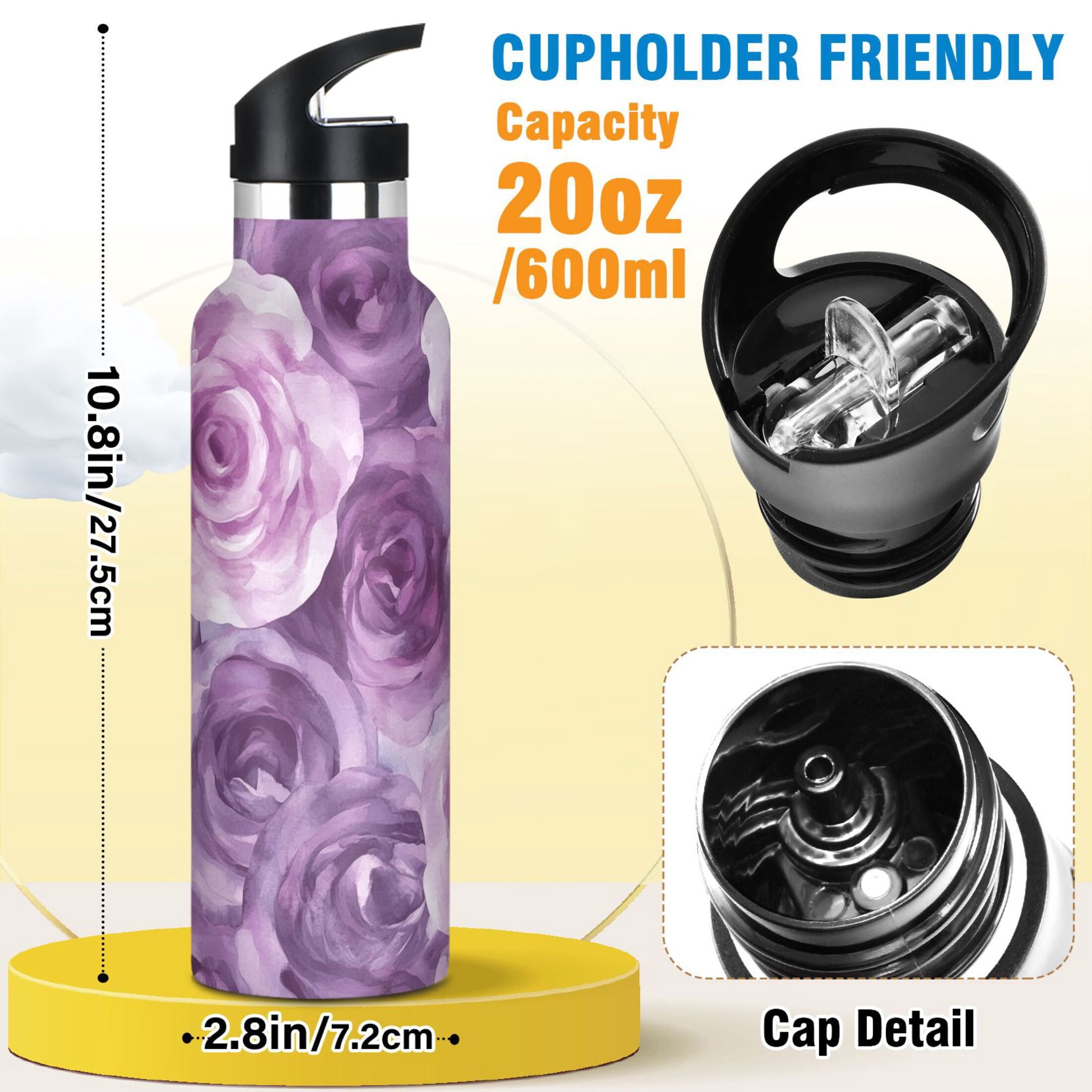 600ML Stainless Steel Insulated Cup Sports Water Bottle Portable Thermos Cup Water Glasses Insulated Tumblers Convenient and Durable Lavender Roses Seamless