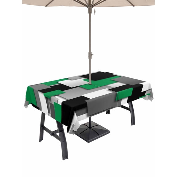 Outdoor Tablecloth with Umbrella Hole for Patio/Picnic/Party/Camping, Modern Green Grey Waterproof Table Cloth Rectangle Table Cover Washable, Abstract Geometric Color Blocks (60"x 102")