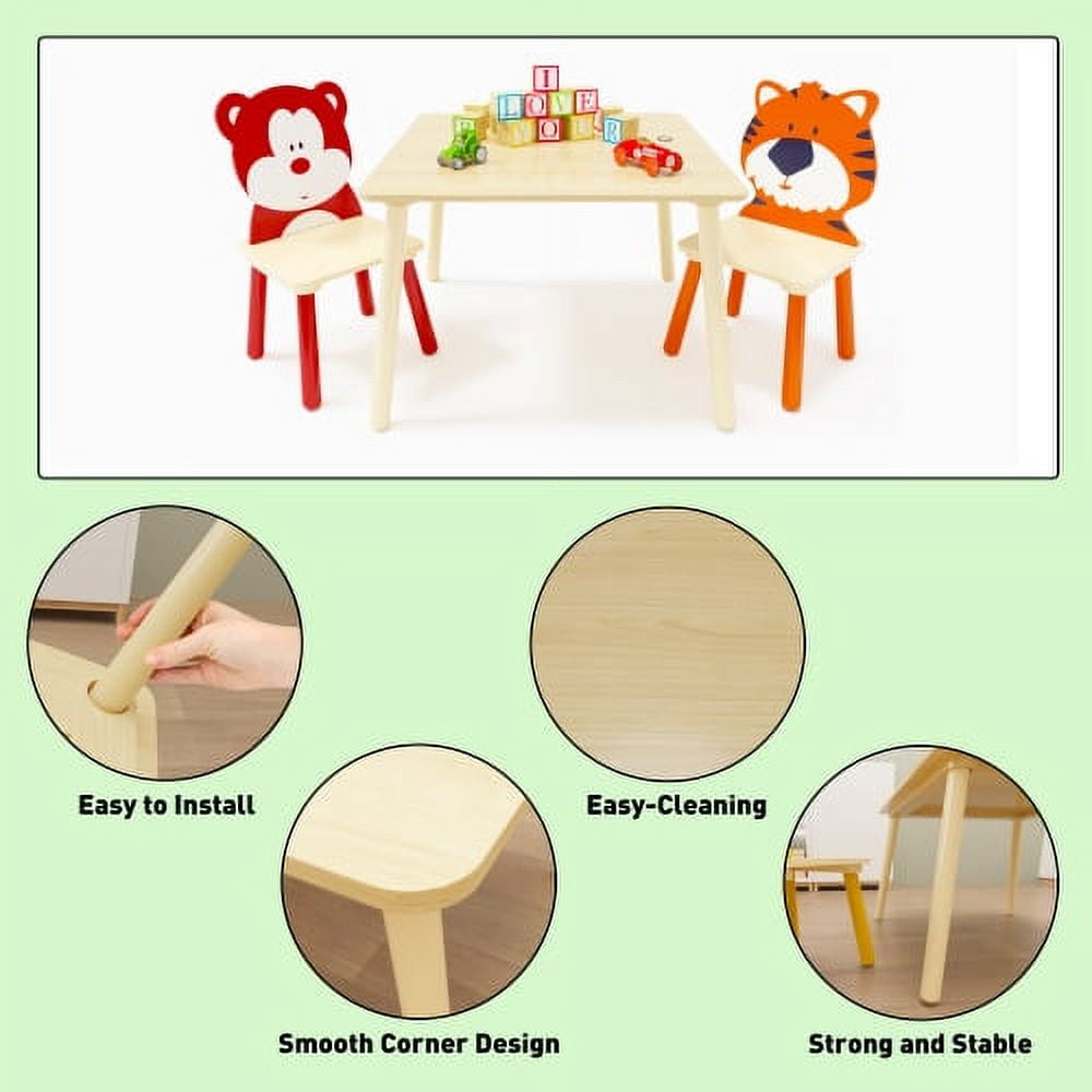 Yoneston Wood Kids Table and 2 Chairs Set, 3 Piece Toddler Activity Play Table Set for Playroom(2-8 years), Bear & Tiger