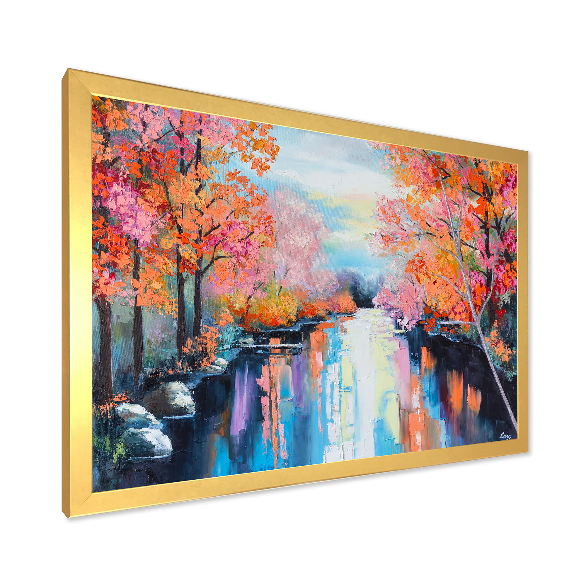 Designart 'The River Through Orange Autumn Forest' Lake House Framed Art Print