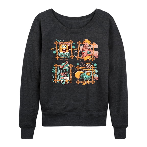 SpongeBob SquarePants - Tiki Squares Women's Lightweight French Terry Wide Neck Long Sleeve Graphic Shirt