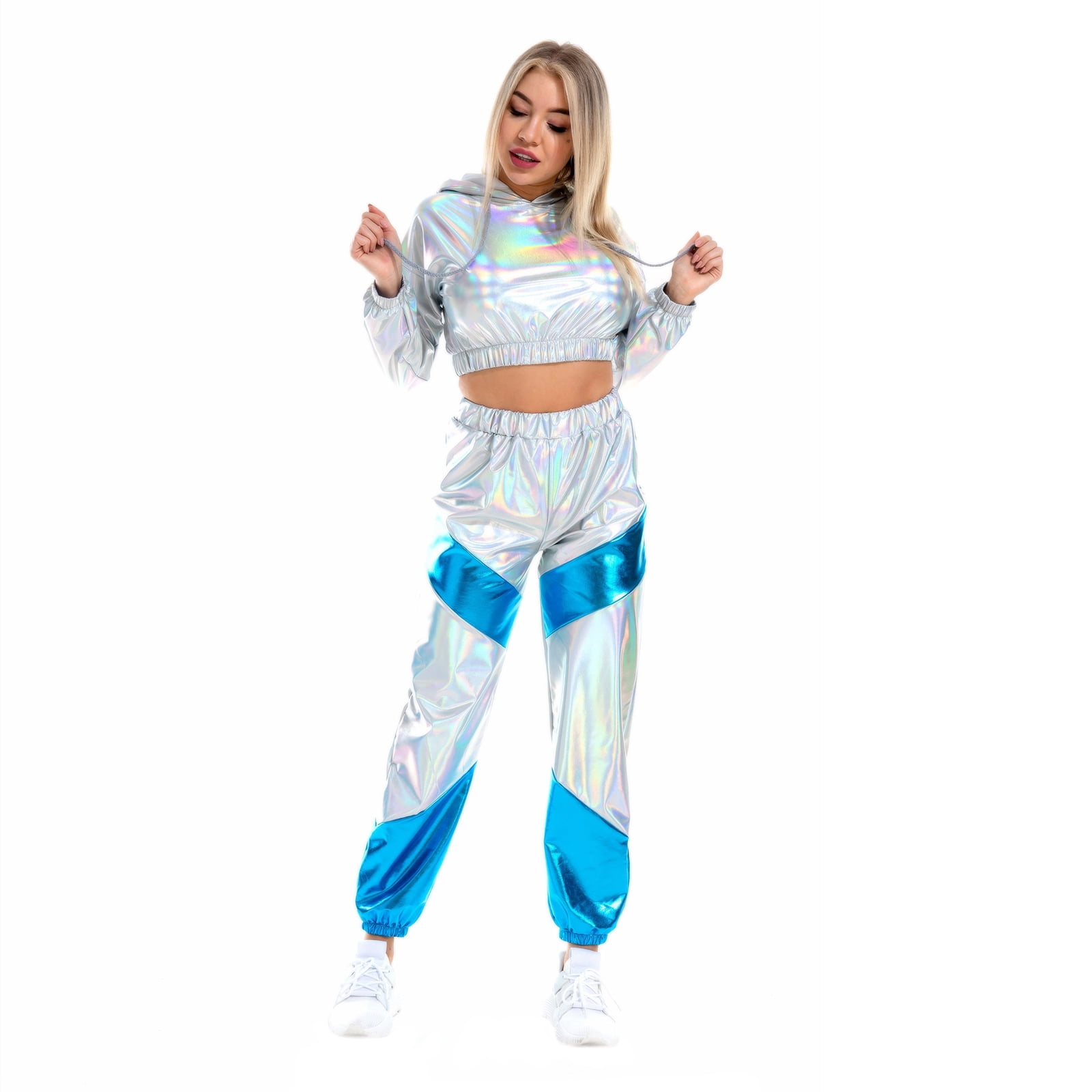 IBTOM CASTLE Women's Rave Outfit Shiny Crop Top Hoodie Casual Long Pants Hooded Workout Sweatshirt Dance Clubwear XXL Holographic Silver + Blue