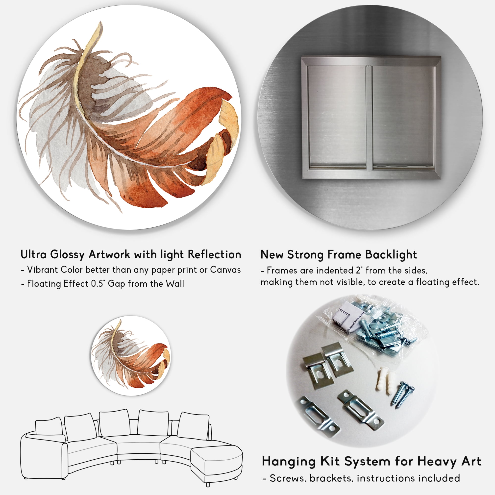 Designart 'Orange Ethnic Bird Feather On White' Bohemian & Eclectic Circle Metal Wall Art 29x29 - Disc of 29