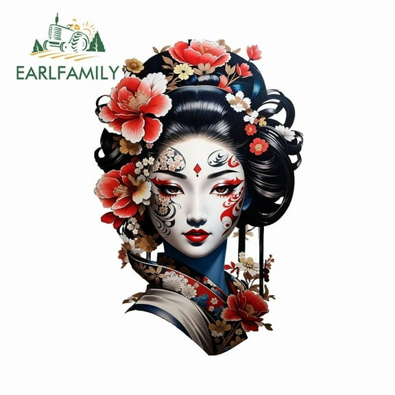 EARLFAMILY 5.1" Creative Tattoo Woman Car Sticker Flowers Japanese Geisha Windows Decal Bumper Waterproof Laptop Decor